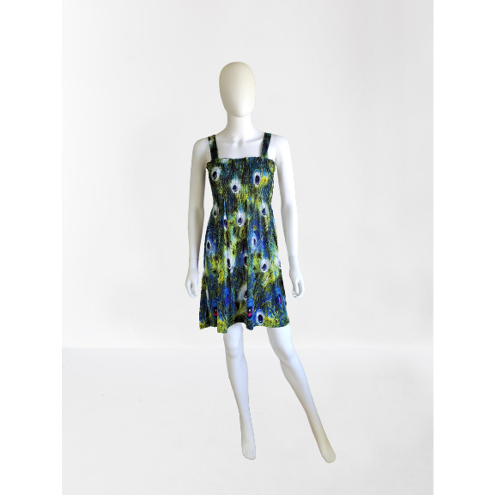 Eros Women's Green Blue Knee-Length Fit & Flare Peacock Sun Dress, Size: S/M